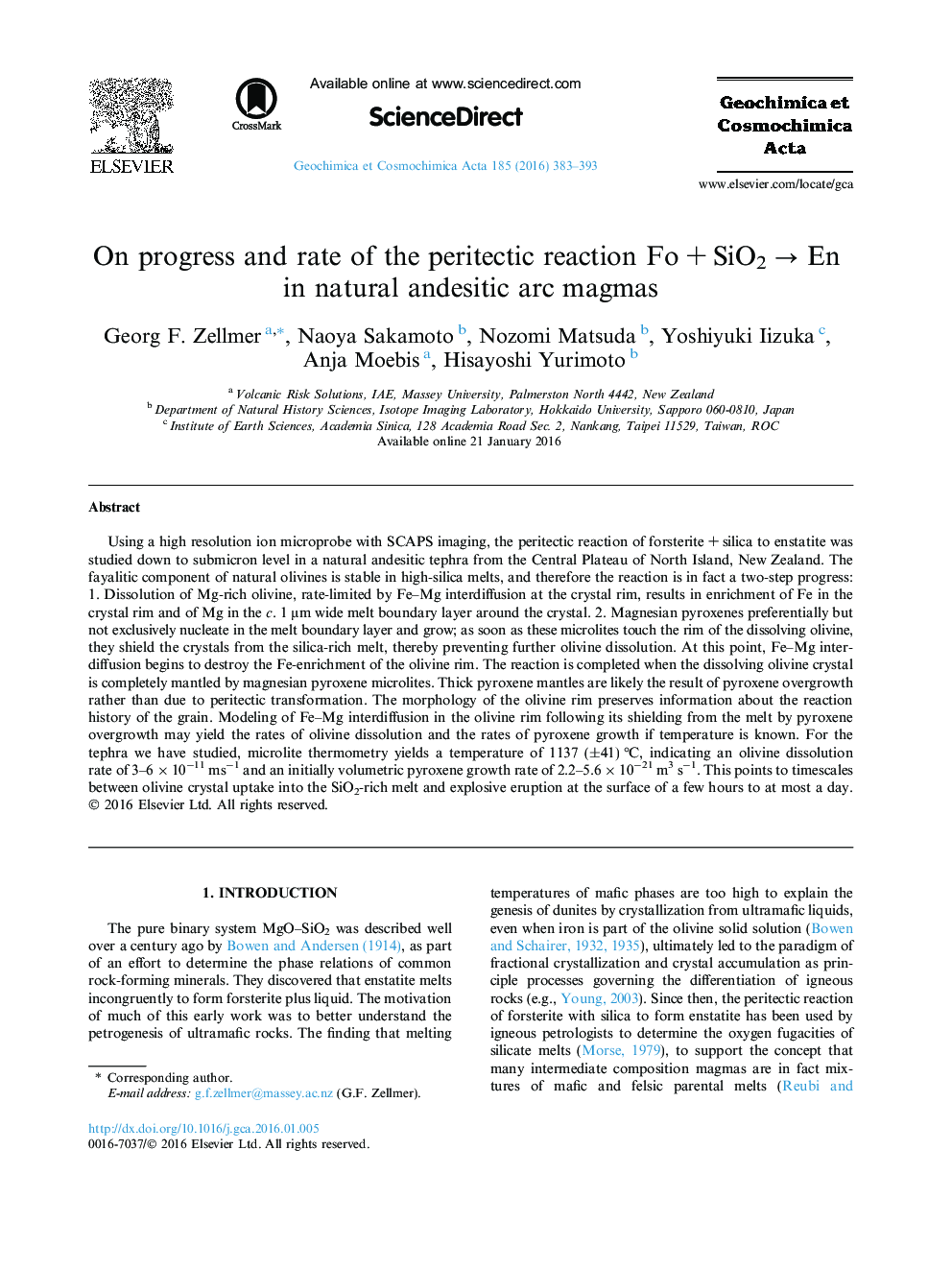 عکس صفحه اول مقاله: On progress and rate of the peritectic reaction Fo + SiO2 â En in natural andesitic arc magmas On progress and rate of the peritectic reaction Fo + SiO2 â En in natural andesitic arc magmas