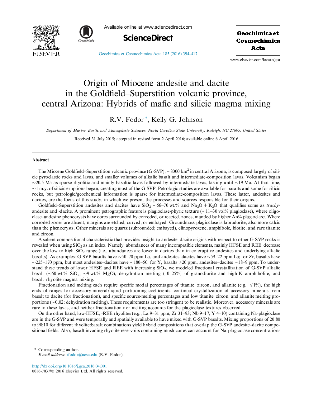 Origin of Miocene andesite and dacite in the Goldfield-Superstition volcanic province, central Arizona: Hybrids of mafic and silicic magma mixing