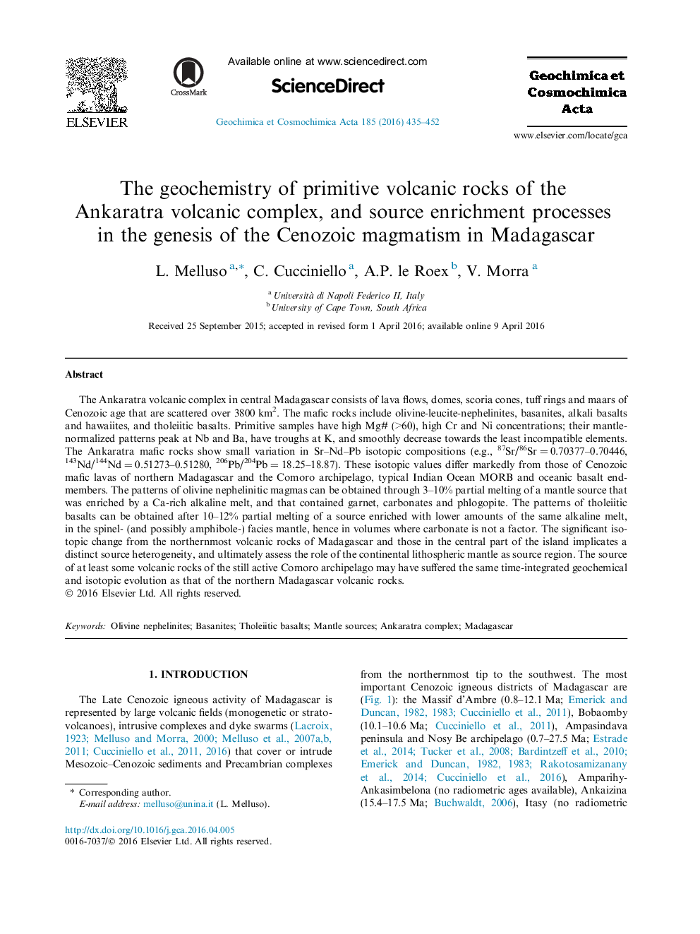 ژئوشیمی سنگهای آتشفشانی اولیه از مجتمع آتشفشانی آنکاراترا و فرایندهای غنی سازی منبع در پیدایش ماگماتیسم کانوزوئیک در ماداگاسکار 