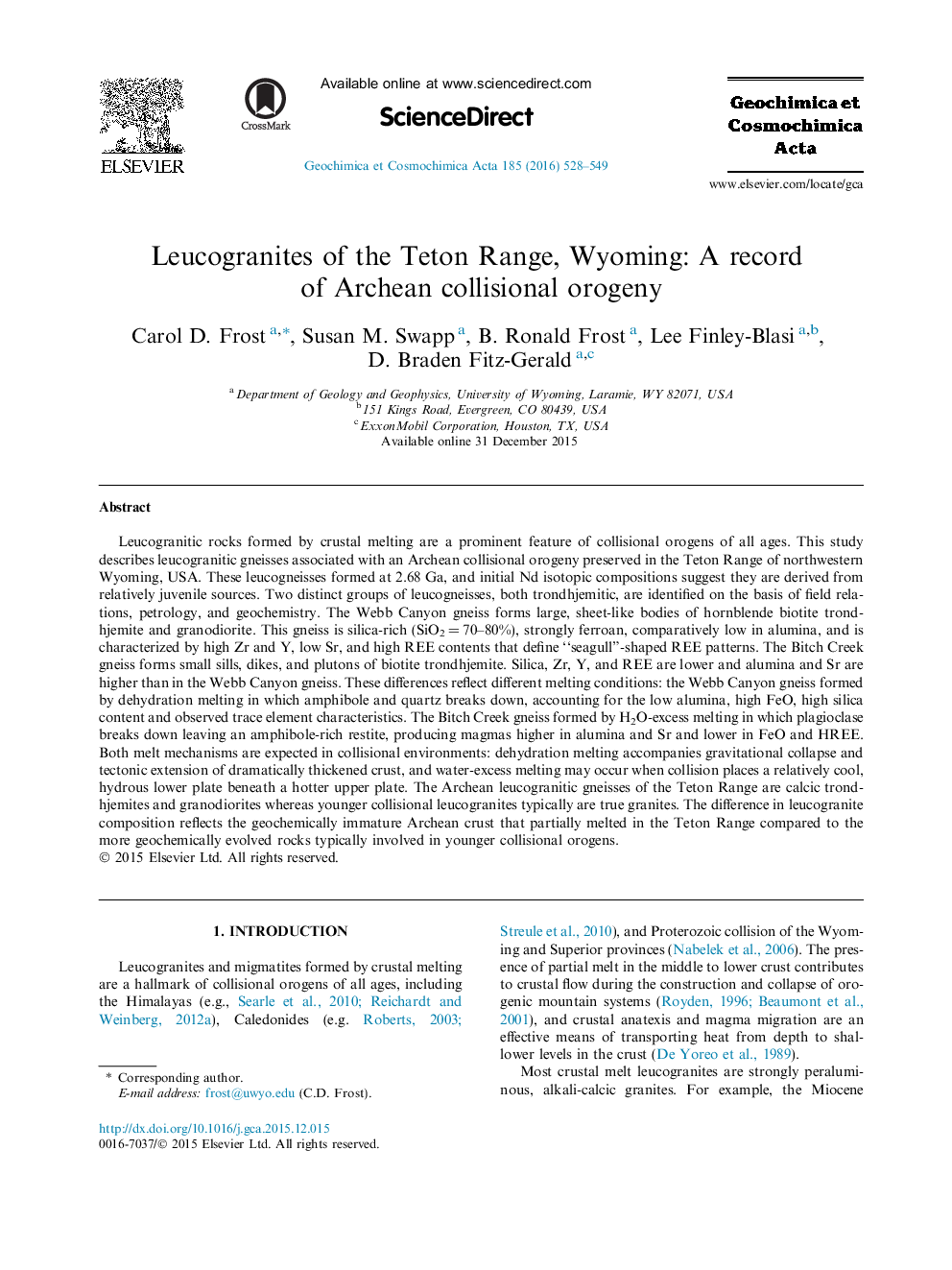 عکس صفحه اول مقاله: Leucogranites of the Teton Range, Wyoming: A record of Archean collisional orogeny Leucogranites of the Teton Range, Wyoming: A record of Archean collisional orogeny