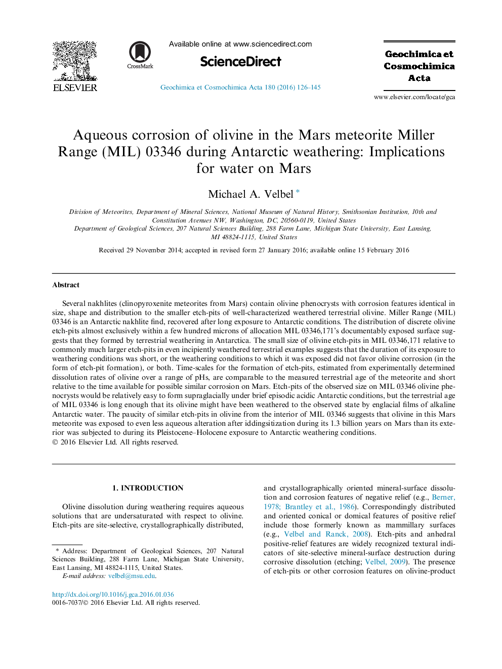 Aqueous corrosion of olivine in the Mars meteorite Miller Range (MIL) 03346 during Antarctic weathering: Implications for water on Mars