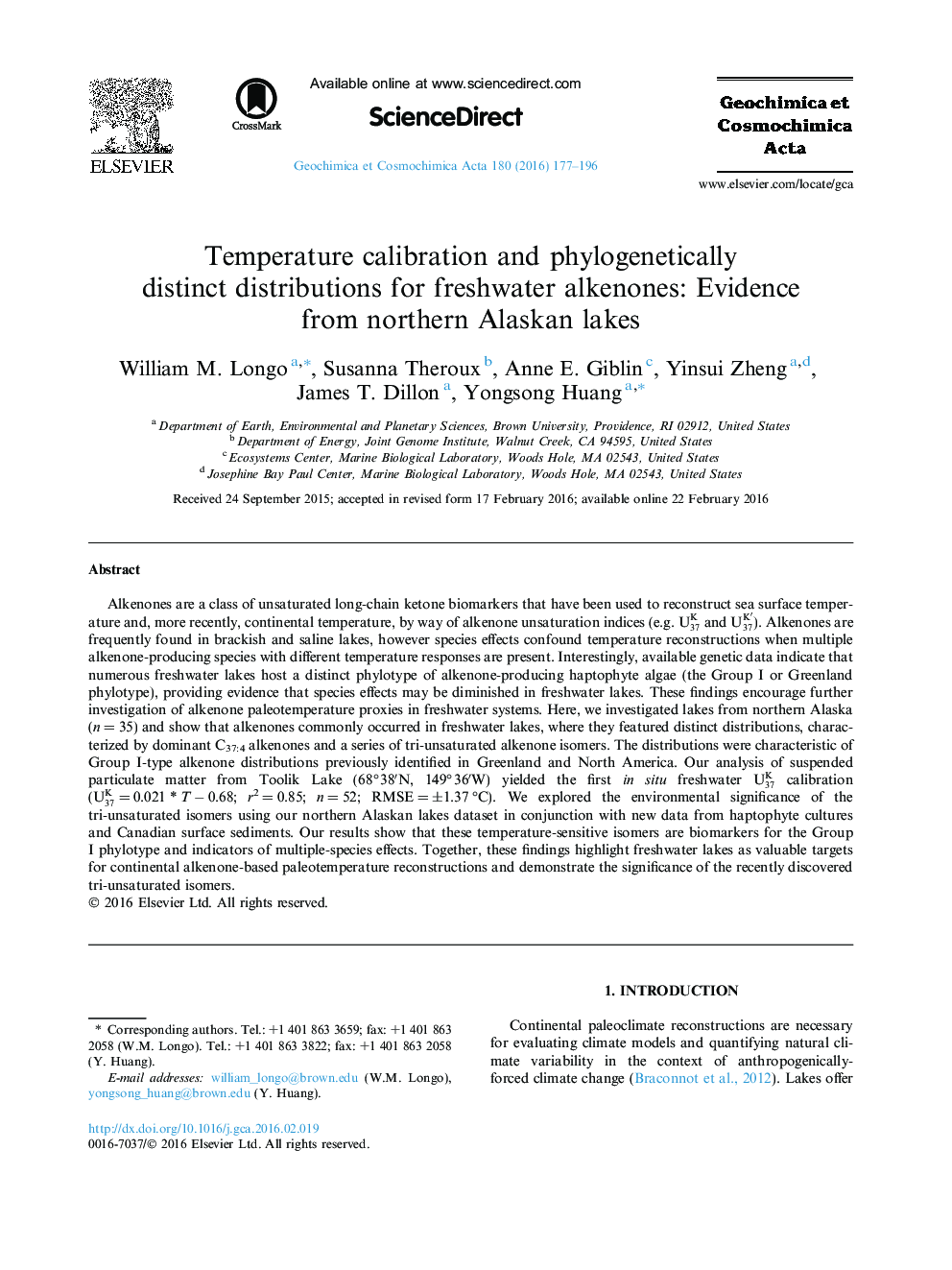 Temperature calibration and phylogenetically distinct distributions for freshwater alkenones: Evidence from northern Alaskan lakes