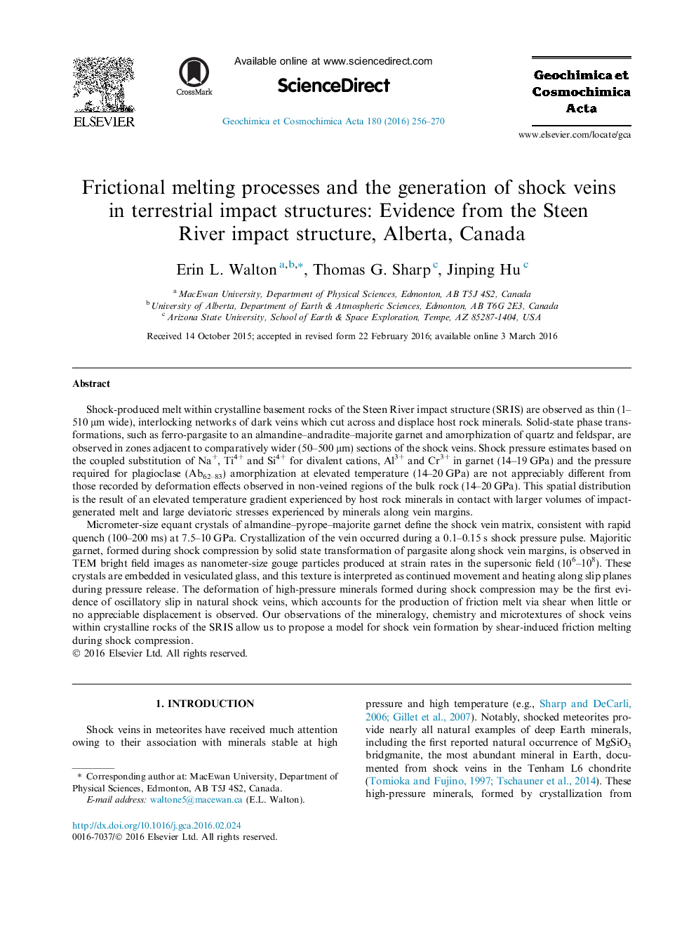 Frictional melting processes and the generation of shock veins in terrestrial impact structures: Evidence from the Steen River impact structure, Alberta, Canada