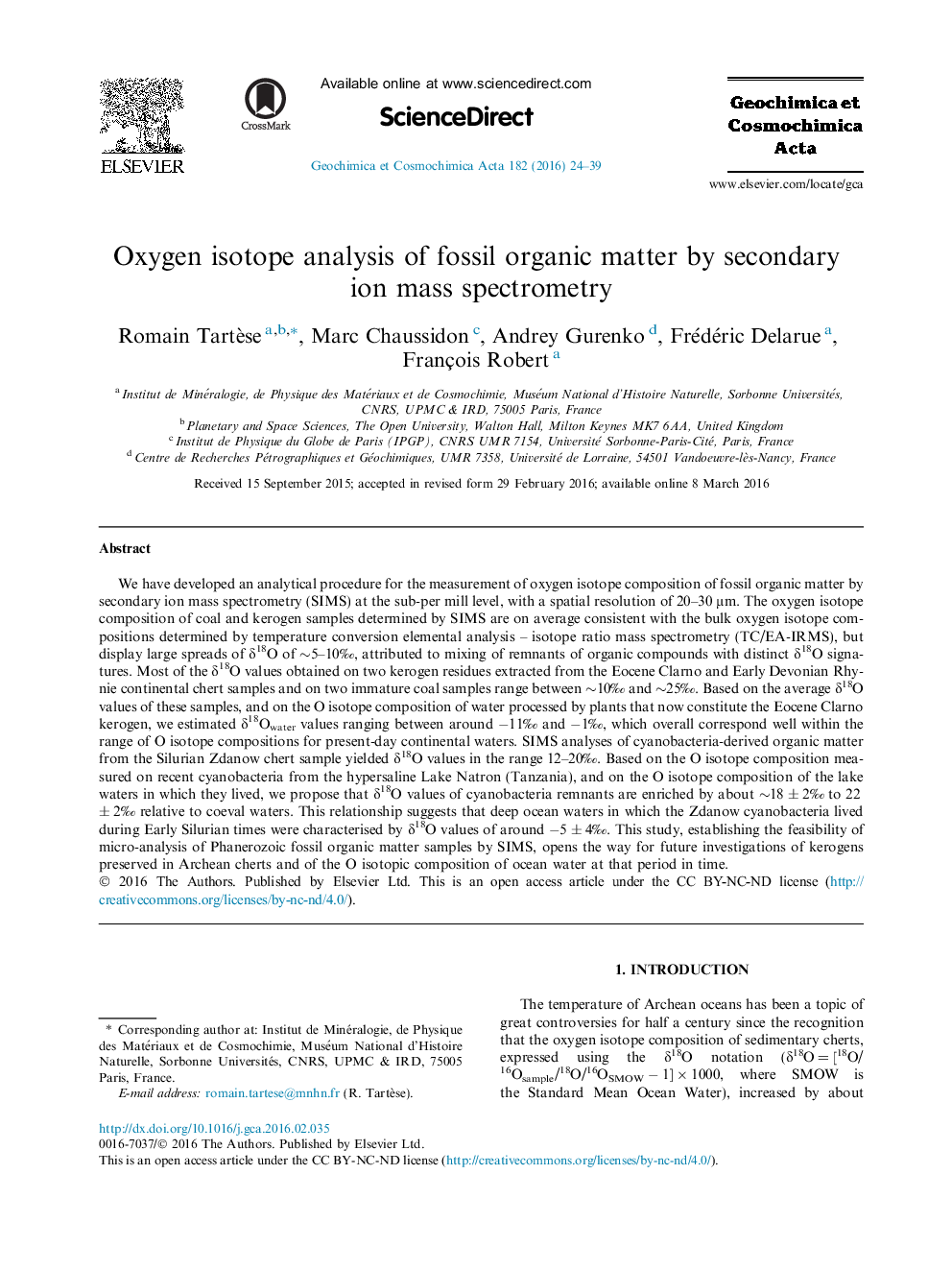 Oxygen isotope analysis of fossil organic matter by secondary ion mass spectrometry