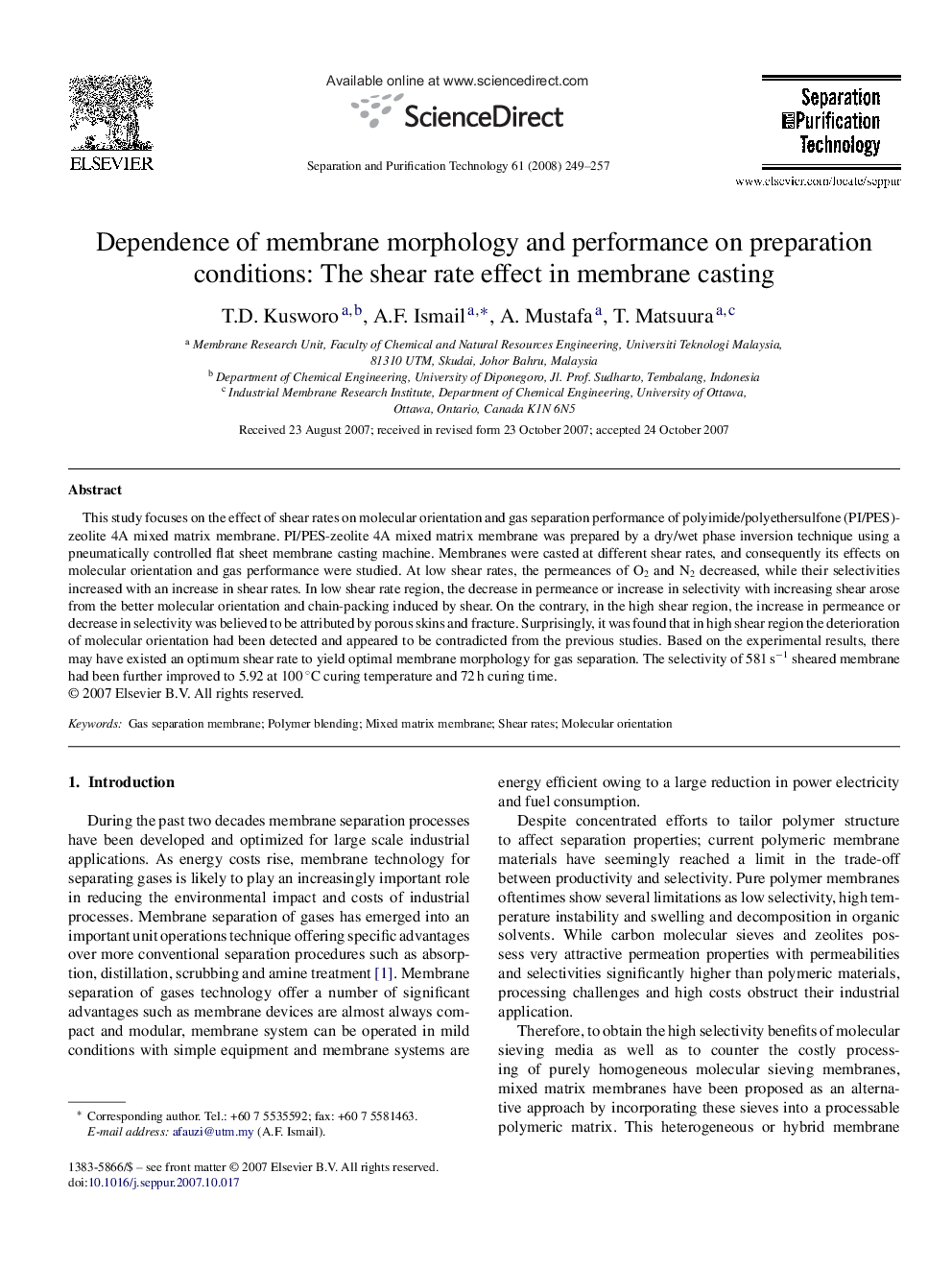 Dependence of membrane morphology and performance on preparation conditions: The shear rate effect in membrane casting