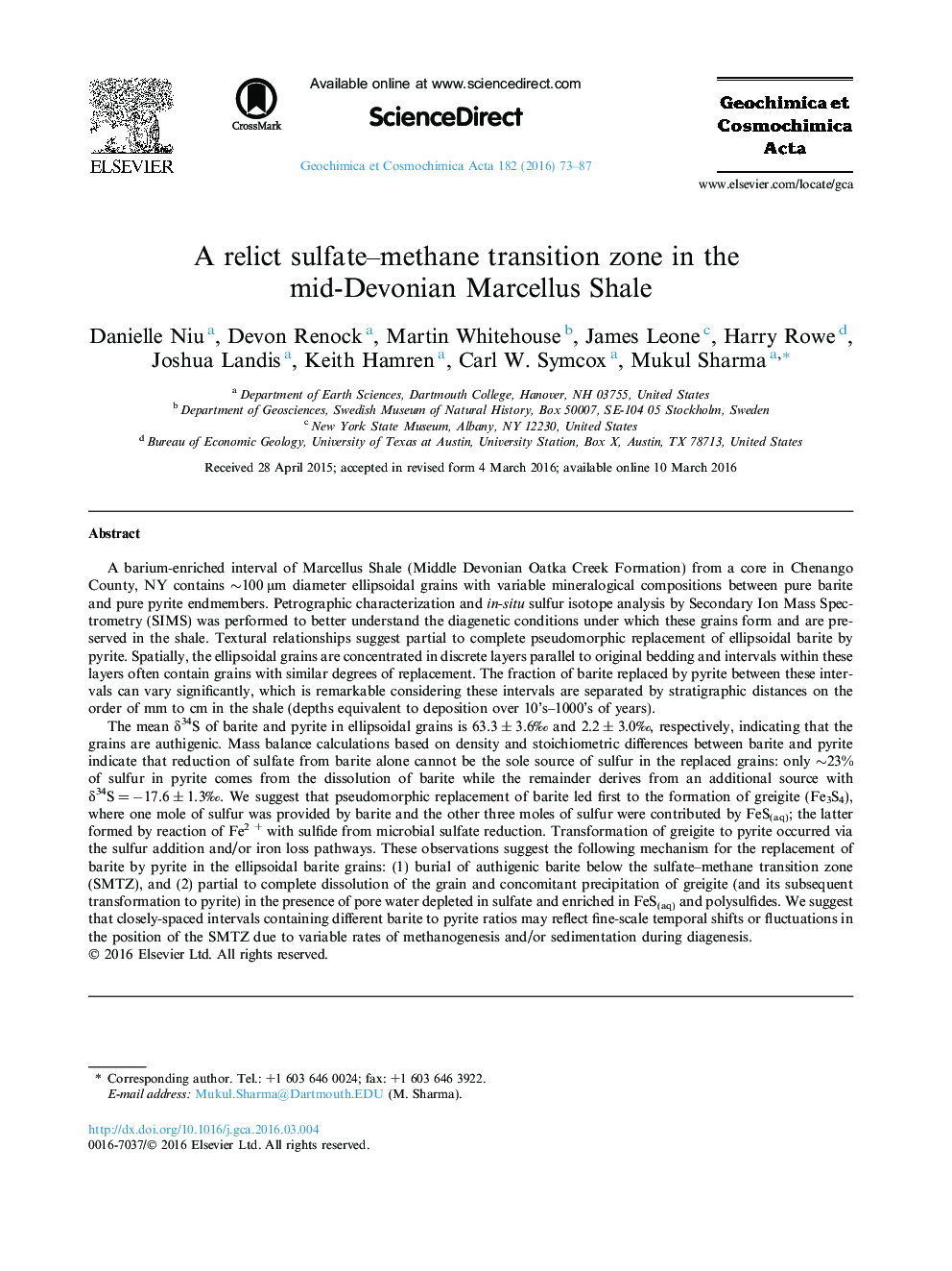 A relict sulfate-methane transition zone in the mid-Devonian Marcellus Shale