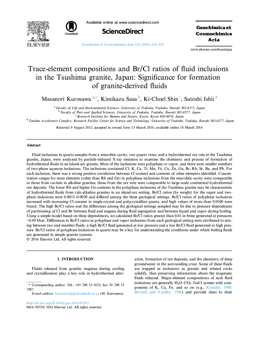 Trace-element compositions and Br/Cl ratios of fluid inclusions in the Tsushima granite, Japan: Significance for formation of granite-derived fluids