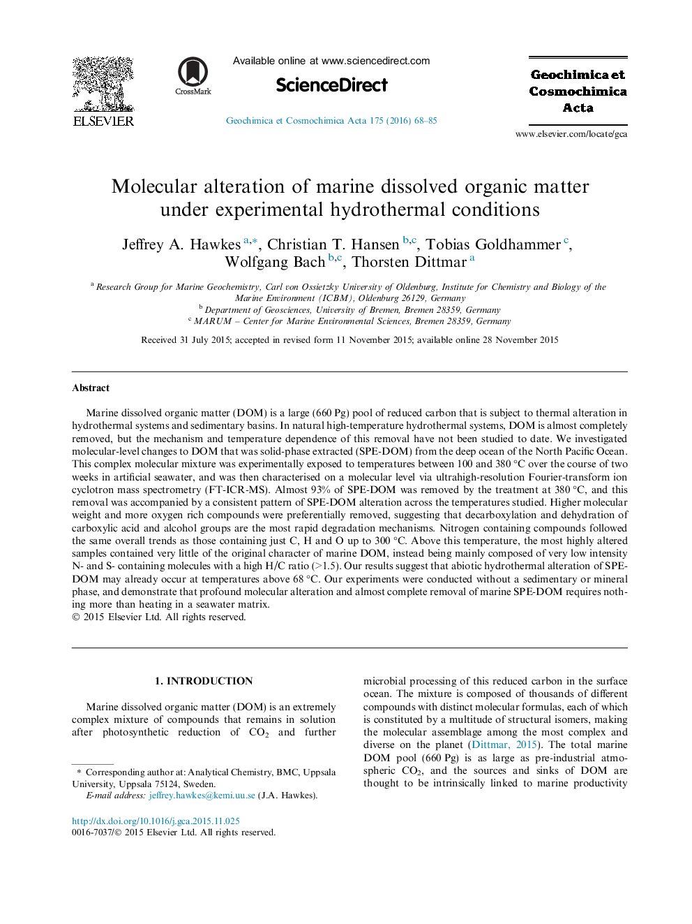 Molecular alteration of marine dissolved organic matter under experimental hydrothermal conditions