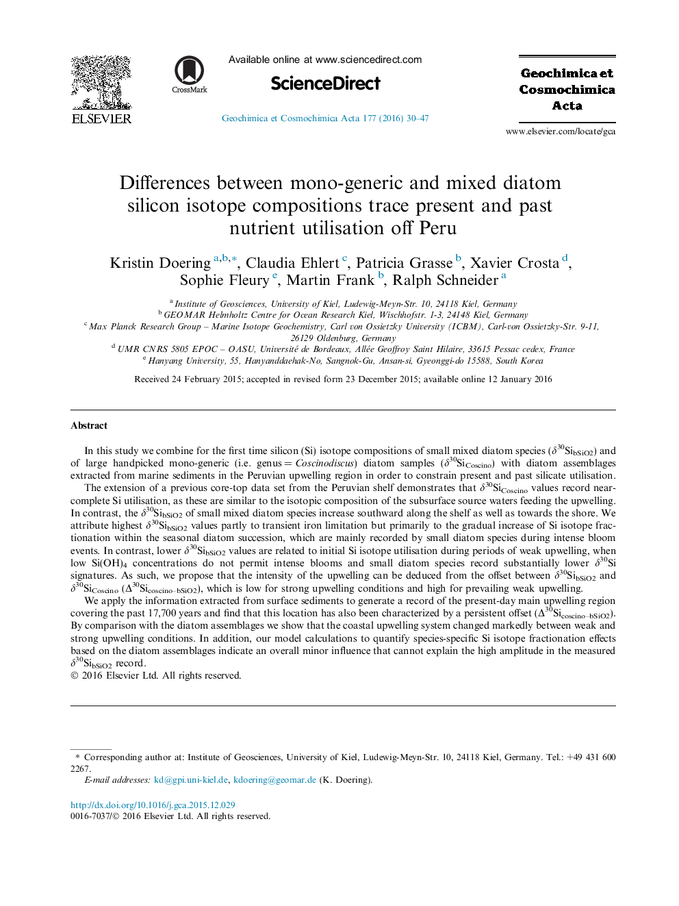 Differences between mono-generic and mixed diatom silicon isotope compositions trace present and past nutrient utilisation off Peru