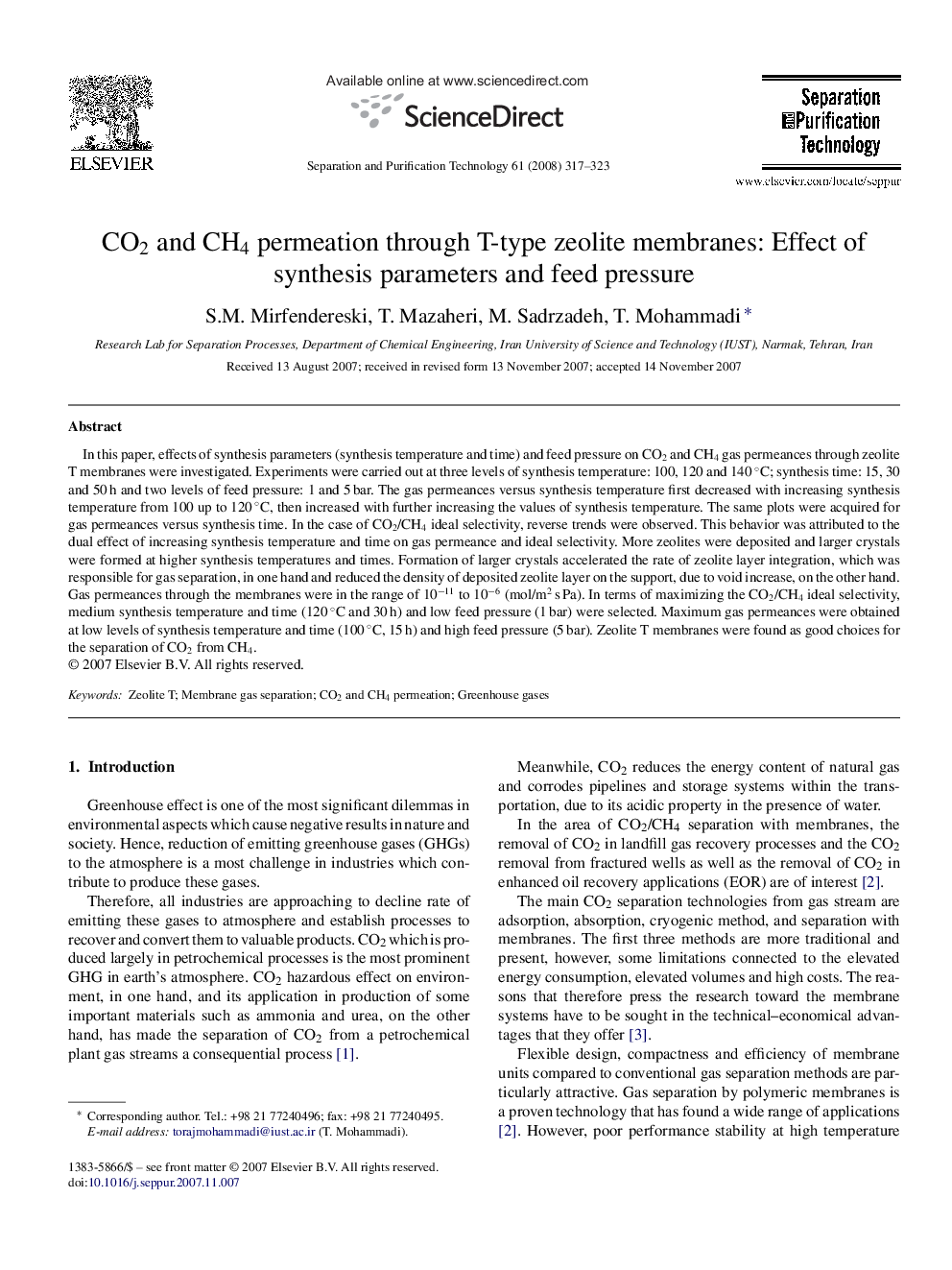 CO2 and CH4 permeation through T-type zeolite membranes: Effect of synthesis parameters and feed pressure