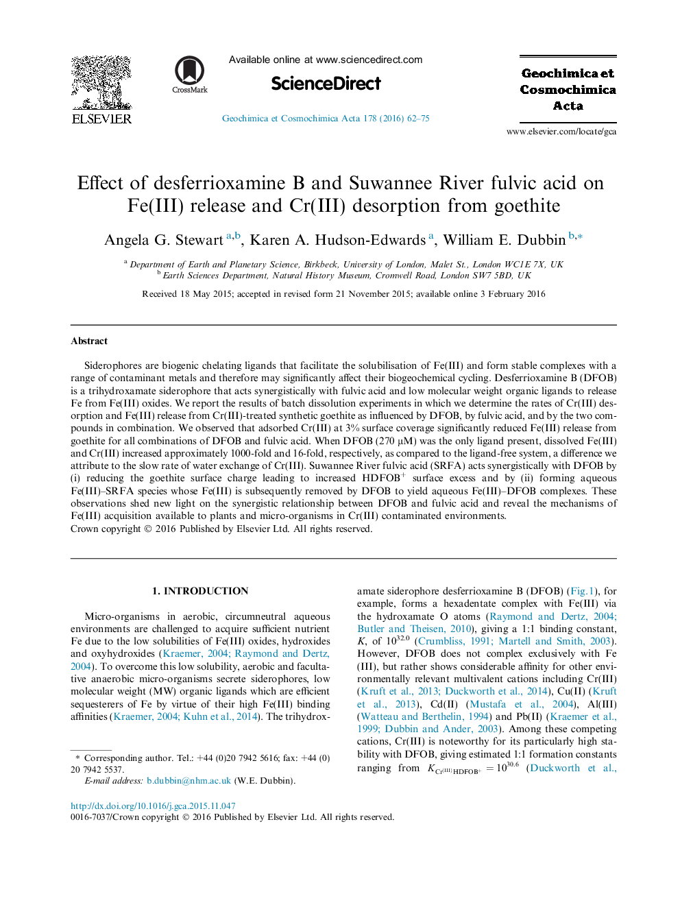 Effect of desferrioxamine B and Suwannee River fulvic acid on Fe(III) release and Cr(III) desorption from goethite