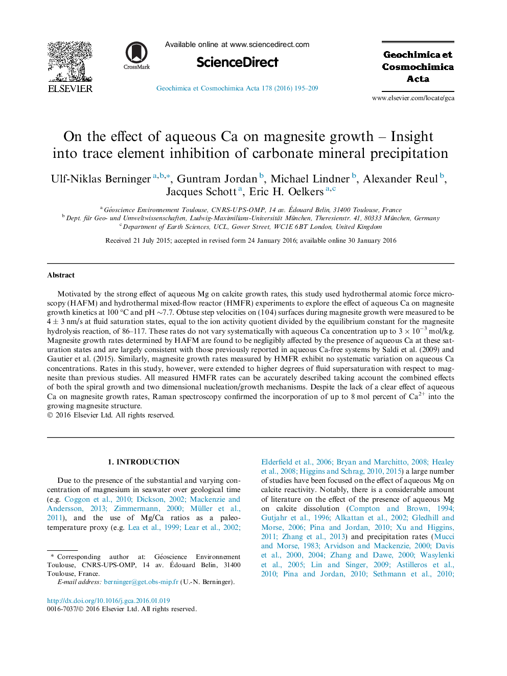 On the effect of aqueous Ca on magnesite growth - Insight into trace element inhibition of carbonate mineral precipitation