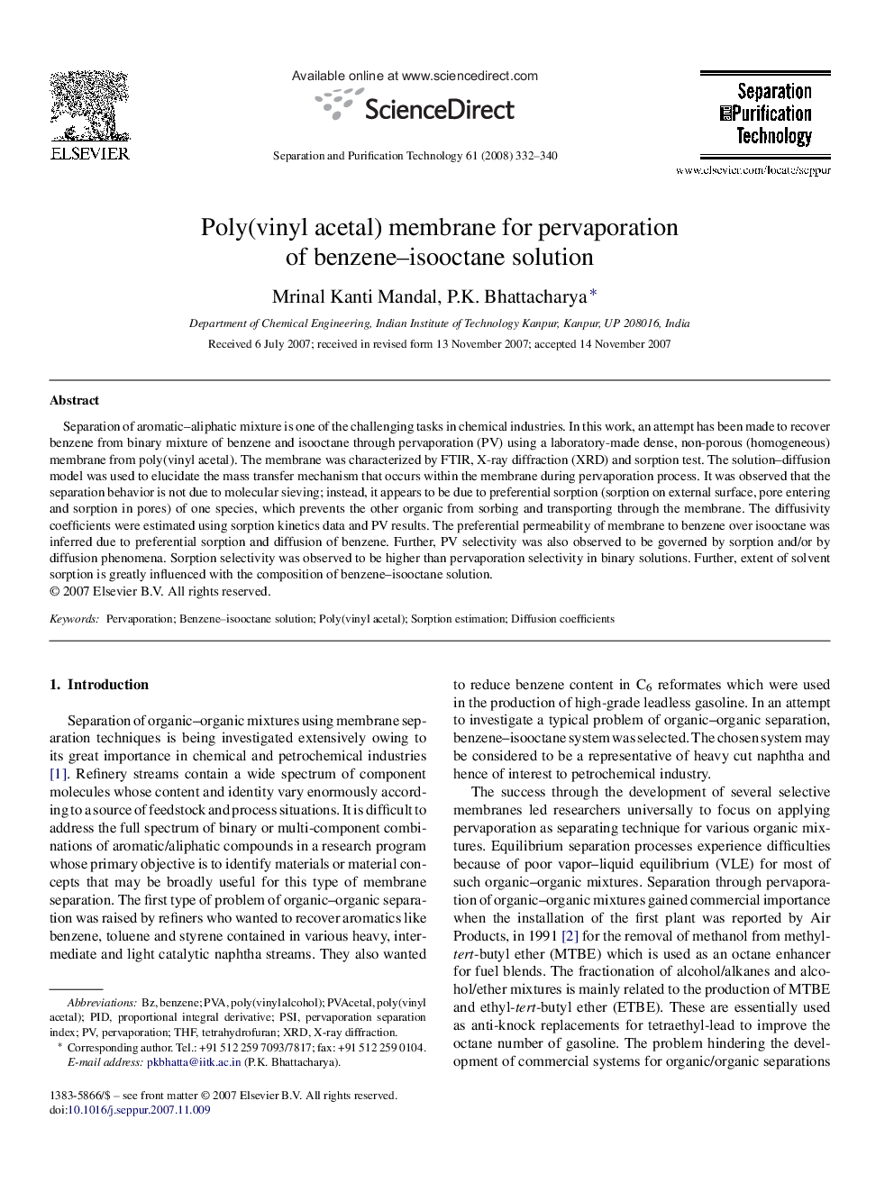 Poly(vinyl acetal) membrane for pervaporation of benzene–isooctane solution