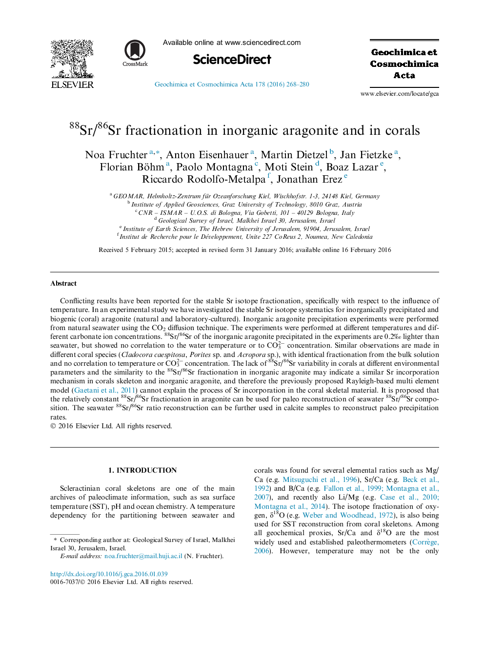 88Sr/86Sr fractionation in inorganic aragonite and in corals