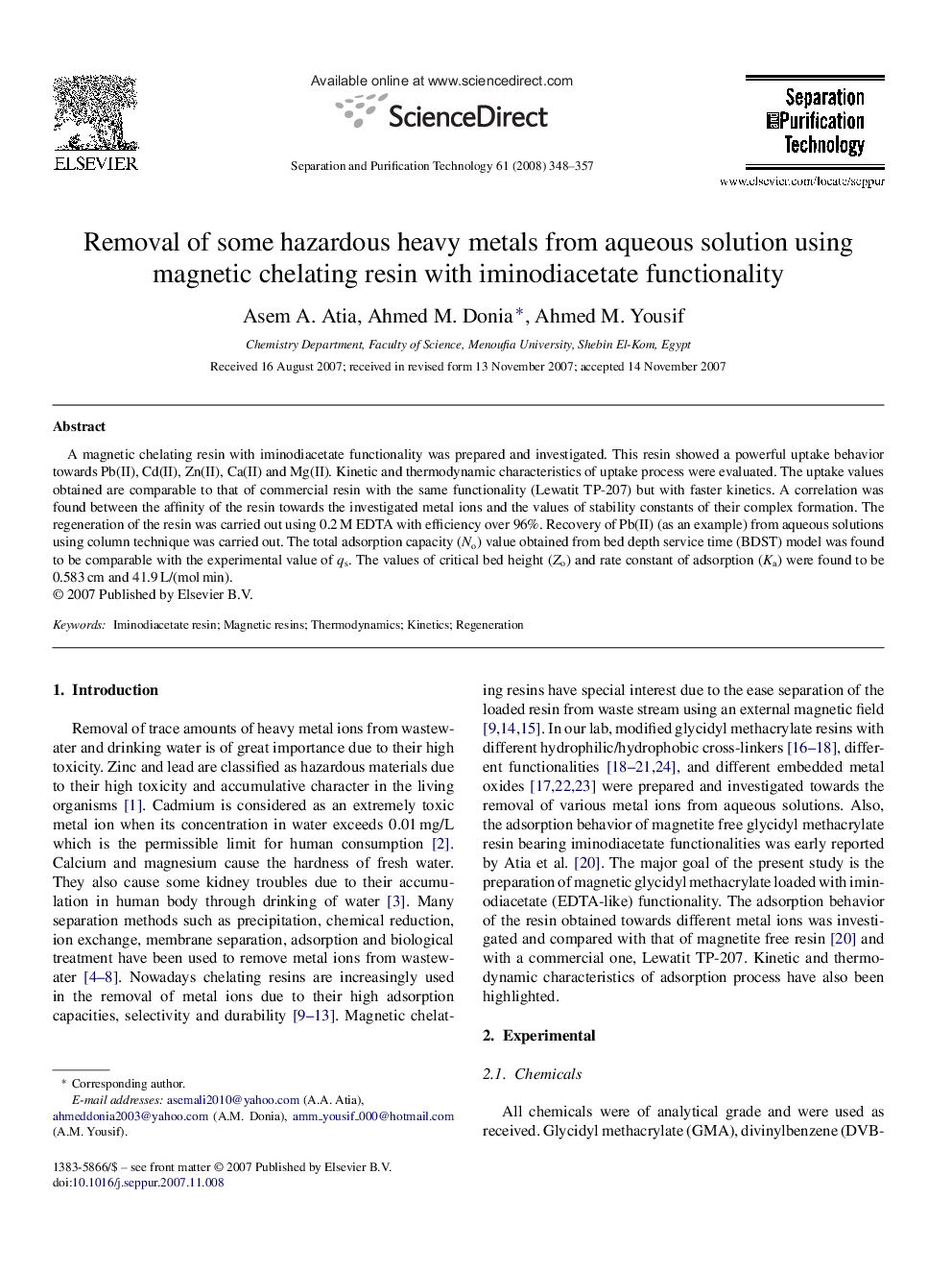 Removal of some hazardous heavy metals from aqueous solution using magnetic chelating resin with iminodiacetate functionality