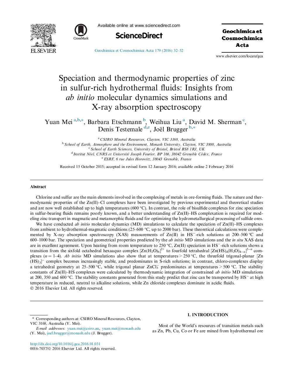 Speciation and thermodynamic properties of zinc in sulfur-rich hydrothermal fluids: Insights from ab initio molecular dynamics simulations and X-ray absorption spectroscopy