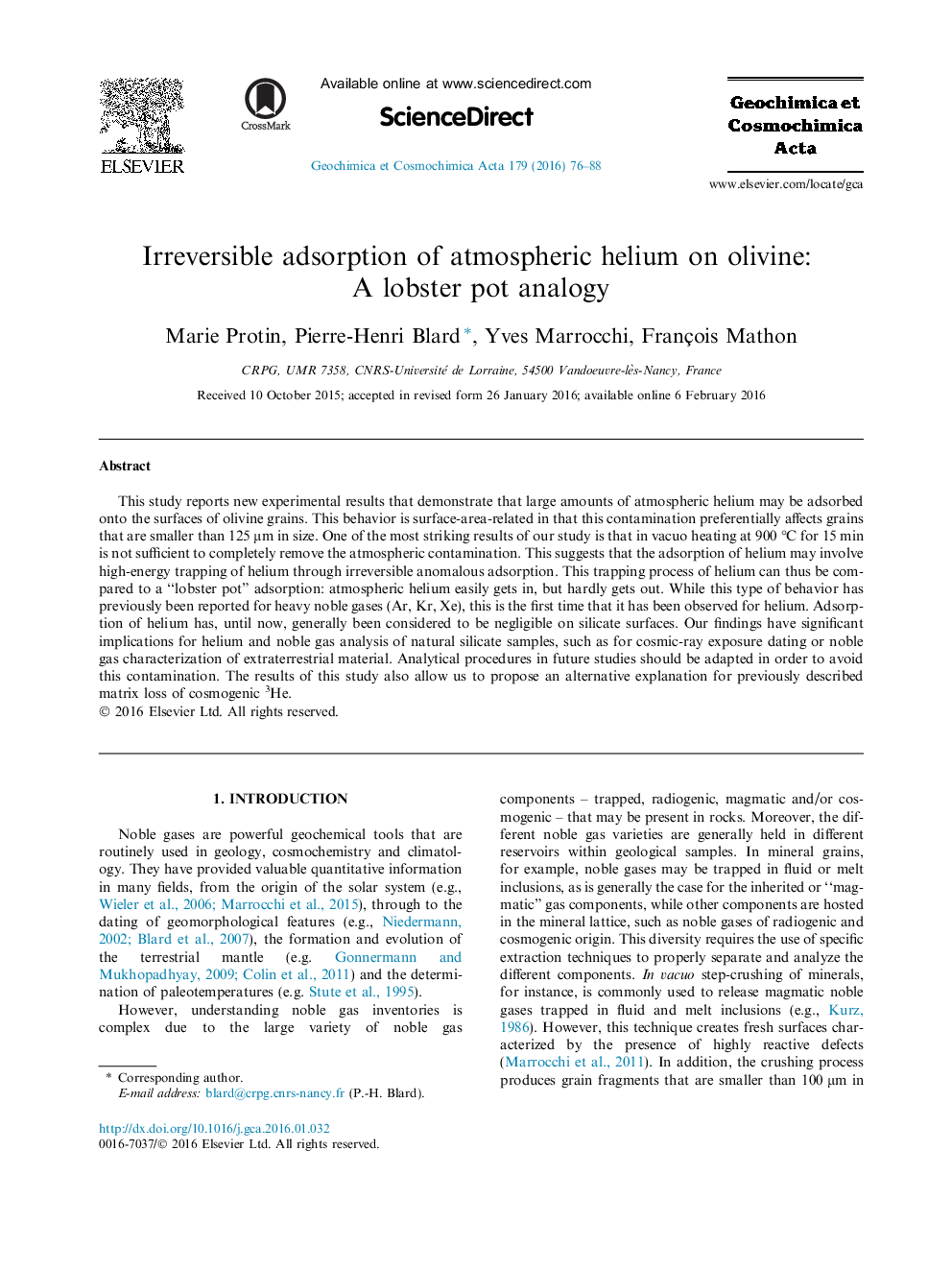 Irreversible adsorption of atmospheric helium on olivine: A lobster pot analogy