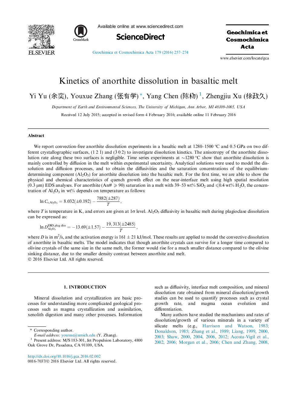 Kinetics of anorthite dissolution in basaltic melt