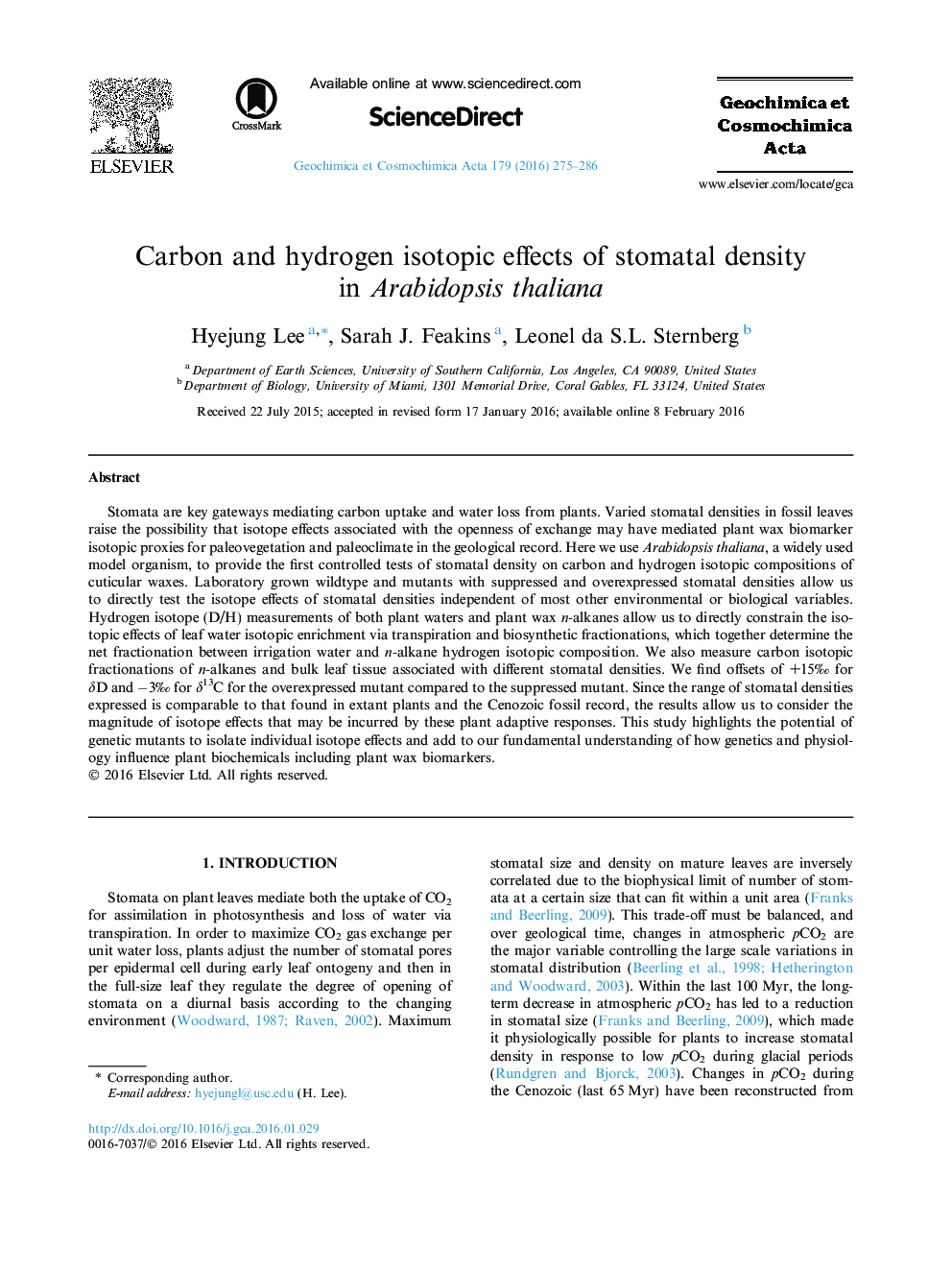 Carbon and hydrogen isotopic effects of stomatal density in Arabidopsis thaliana