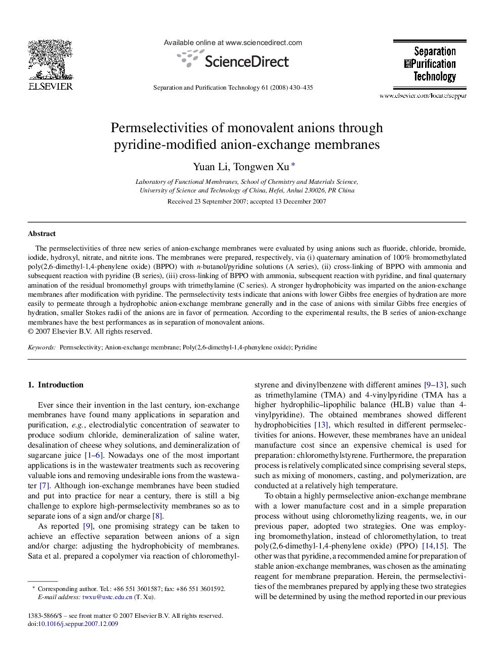 Permselectivities of monovalent anions through pyridine-modified anion-exchange membranes