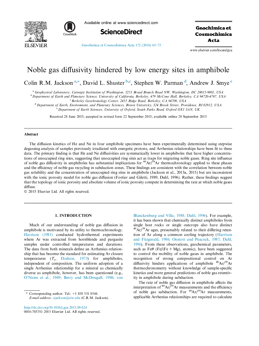 Noble gas diffusivity hindered by low energy sites in amphibole