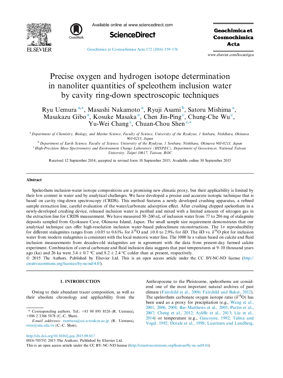 Precise oxygen and hydrogen isotope determination in nanoliter quantities of speleothem inclusion water by cavity ring-down spectroscopic techniques