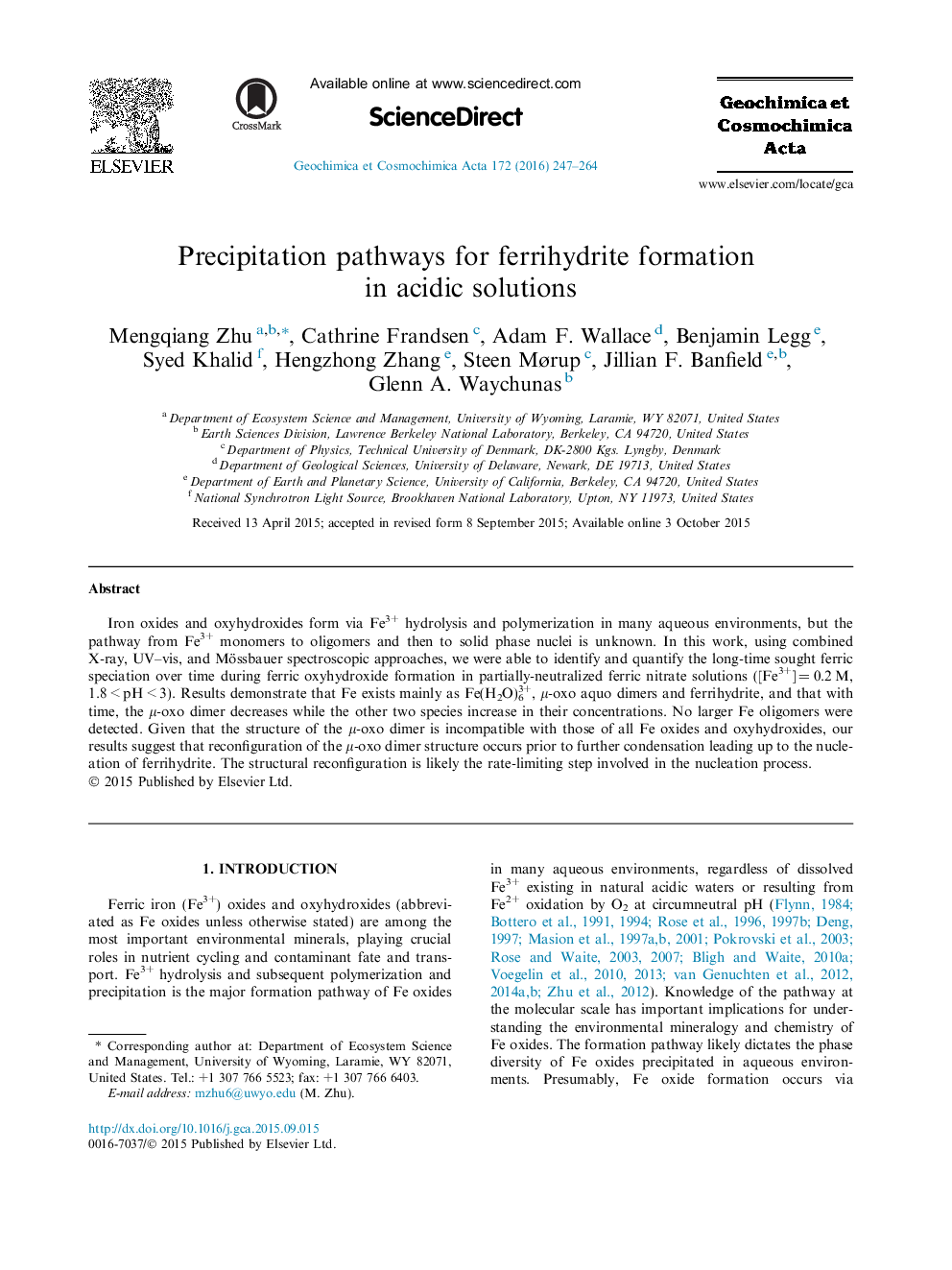 Precipitation pathways for ferrihydrite formation in acidic solutions