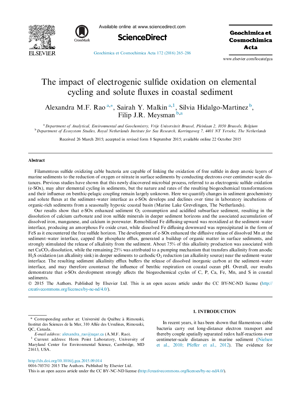 The impact of electrogenic sulfide oxidation on elemental cycling and solute fluxes in coastal sediment