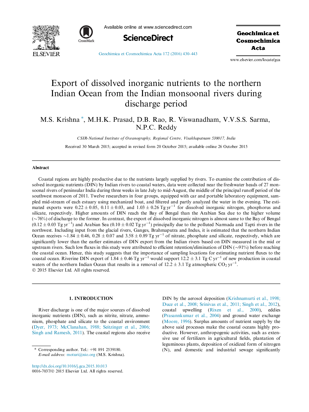 Export of dissolved inorganic nutrients to the northern Indian Ocean from the Indian monsoonal rivers during discharge period