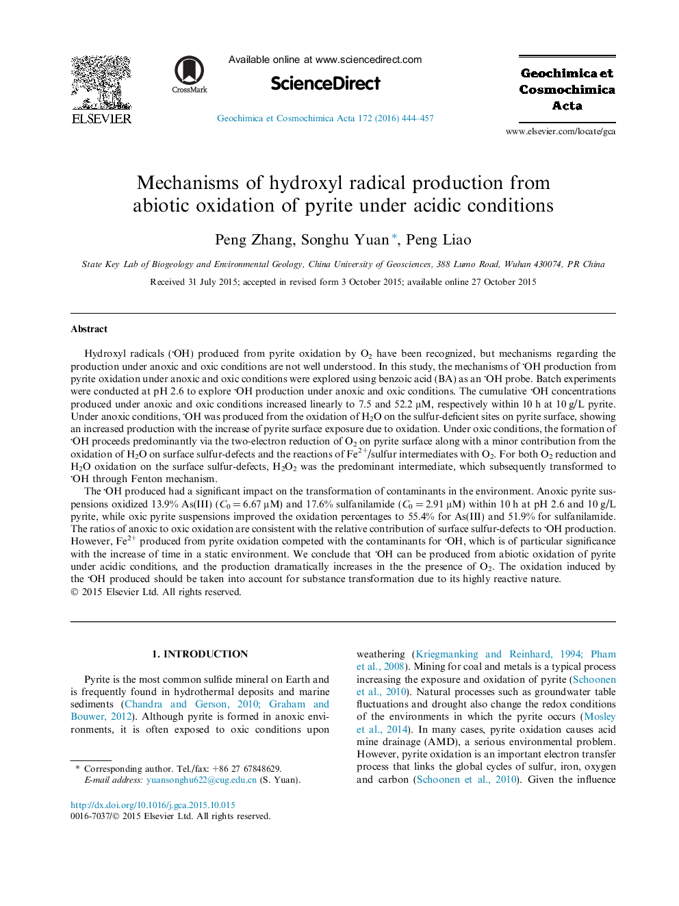 Mechanisms of hydroxyl radical production from abiotic oxidation of pyrite under acidic conditions