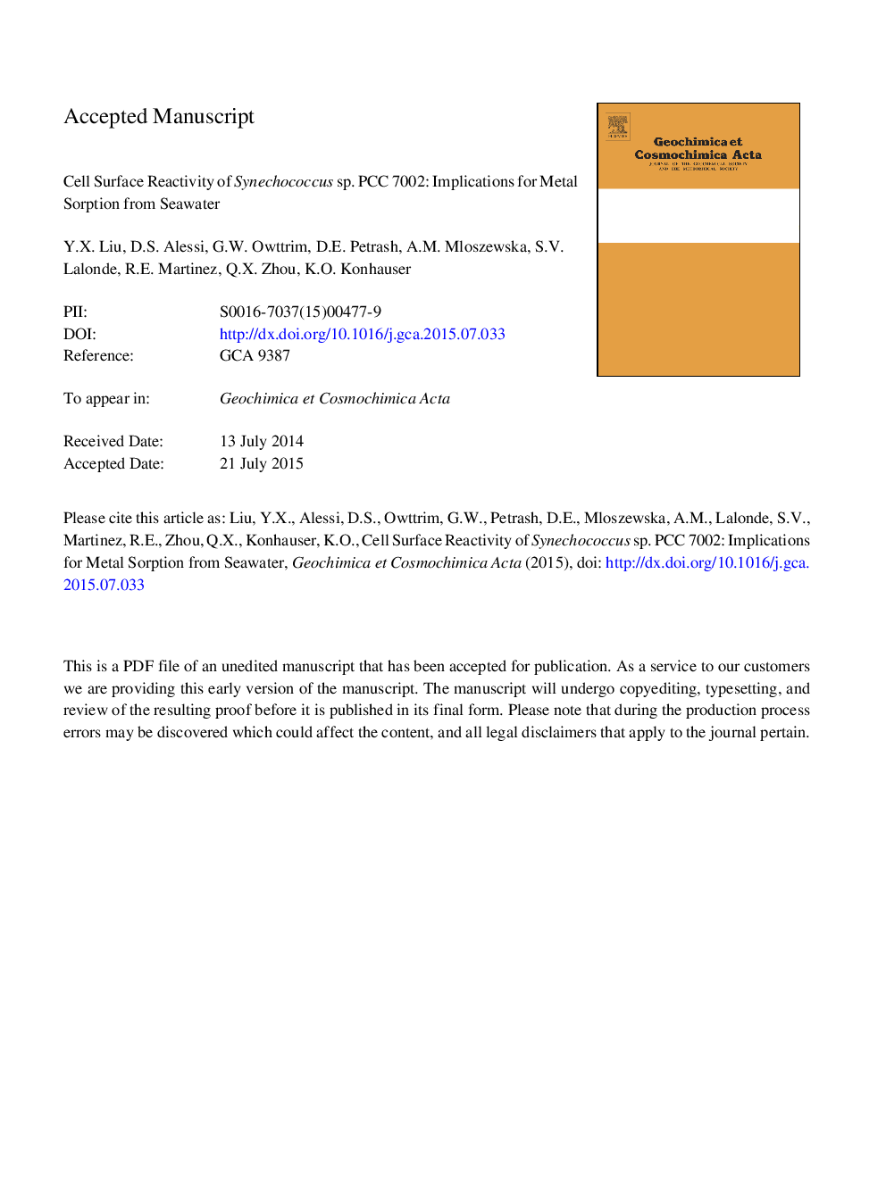 Cell surface reactivity of Synechococcus sp. PCC 7002: Implications for metal sorption from seawater