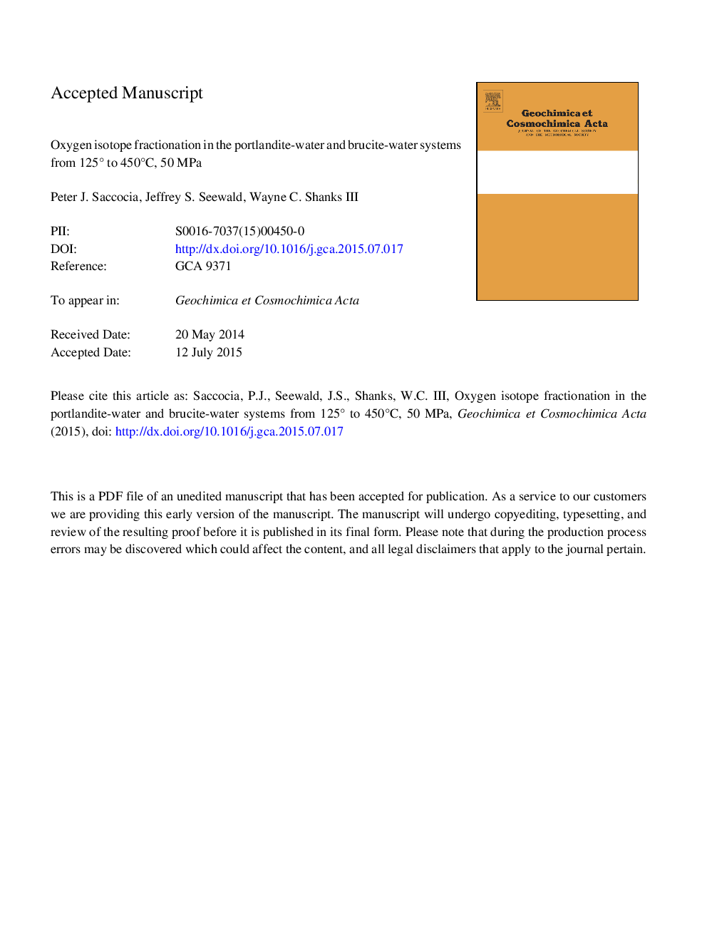 Oxygen isotope fractionation in the portlandite-water and brucite-water systems from 125 to 450Â Â°C, 50Â MPa