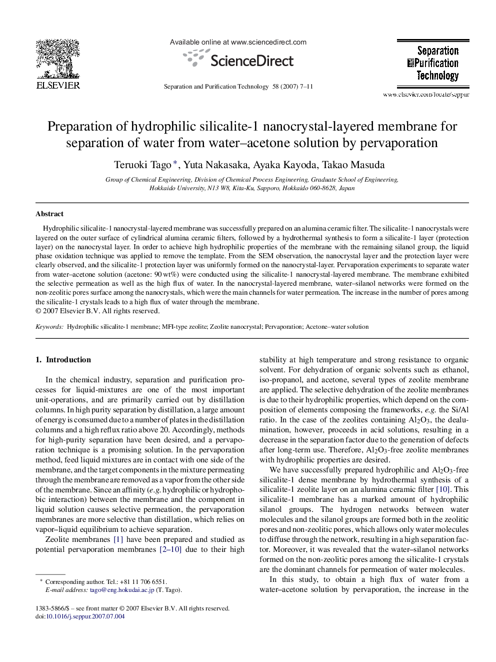 Preparation of hydrophilic silicalite-1 nanocrystal-layered membrane for separation of water from water–acetone solution by pervaporation