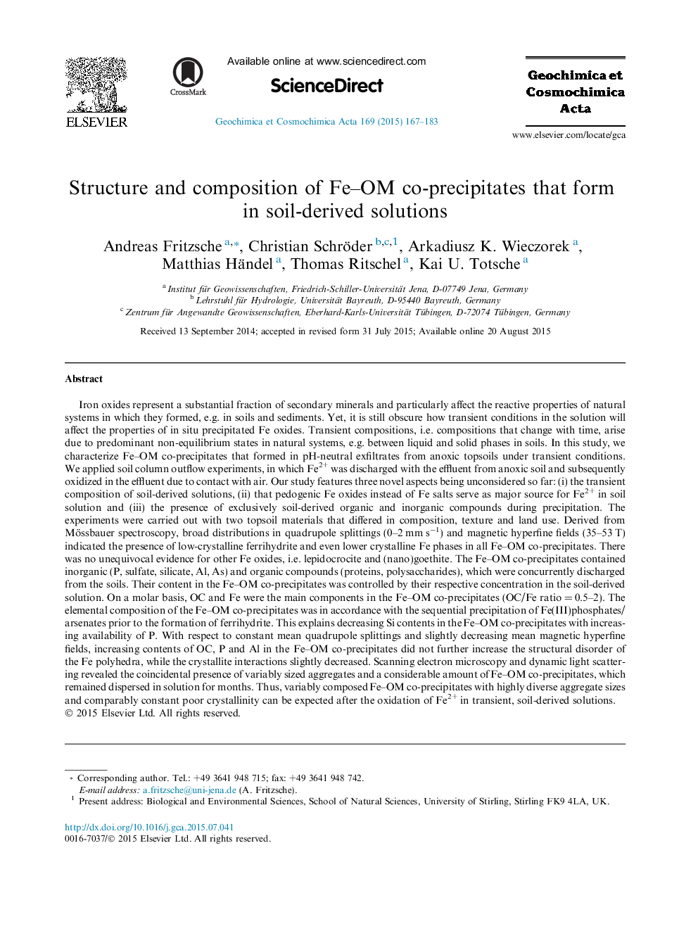 عکس صفحه اول مقاله: Structure and composition of Fe-OM co-precipitates that form in soil-derived solutions Structure and composition of Fe-OM co-precipitates that form in soil-derived solutions