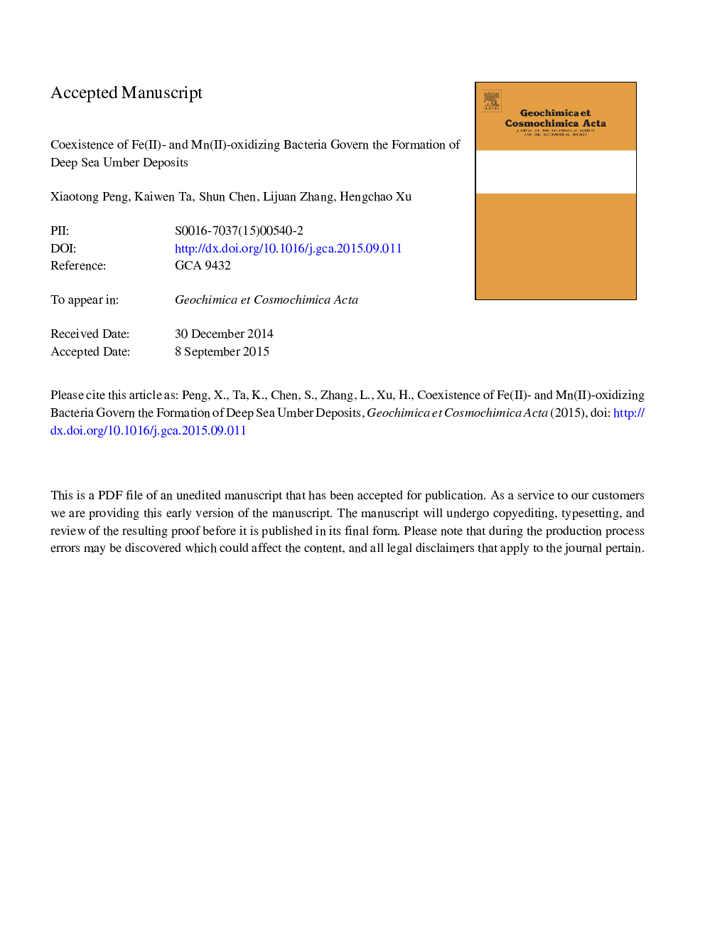 Coexistence of Fe(II)- and Mn(II)-oxidizing bacteria govern the formation of deep sea umber deposits