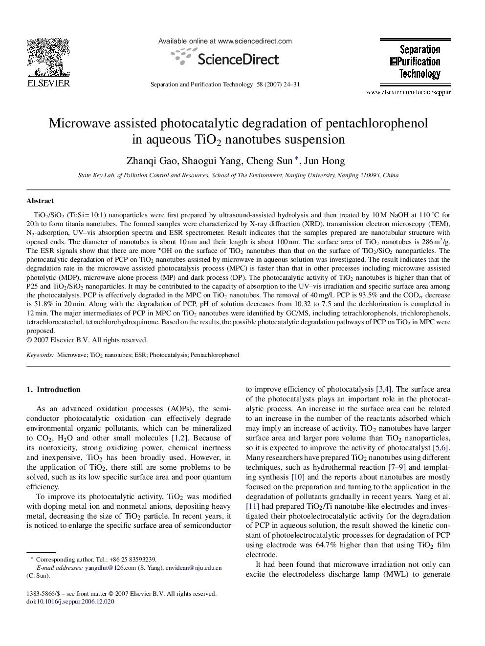 Microwave assisted photocatalytic degradation of pentachlorophenol in aqueous TiO2 nanotubes suspension