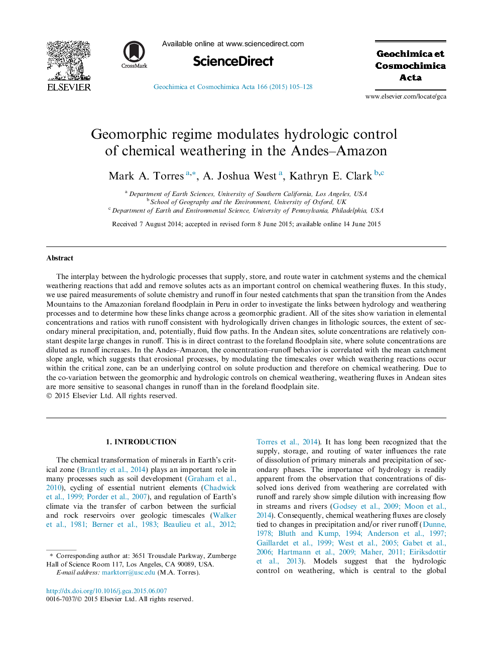 Geomorphic regime modulates hydrologic control of chemical weathering in the Andes-Amazon