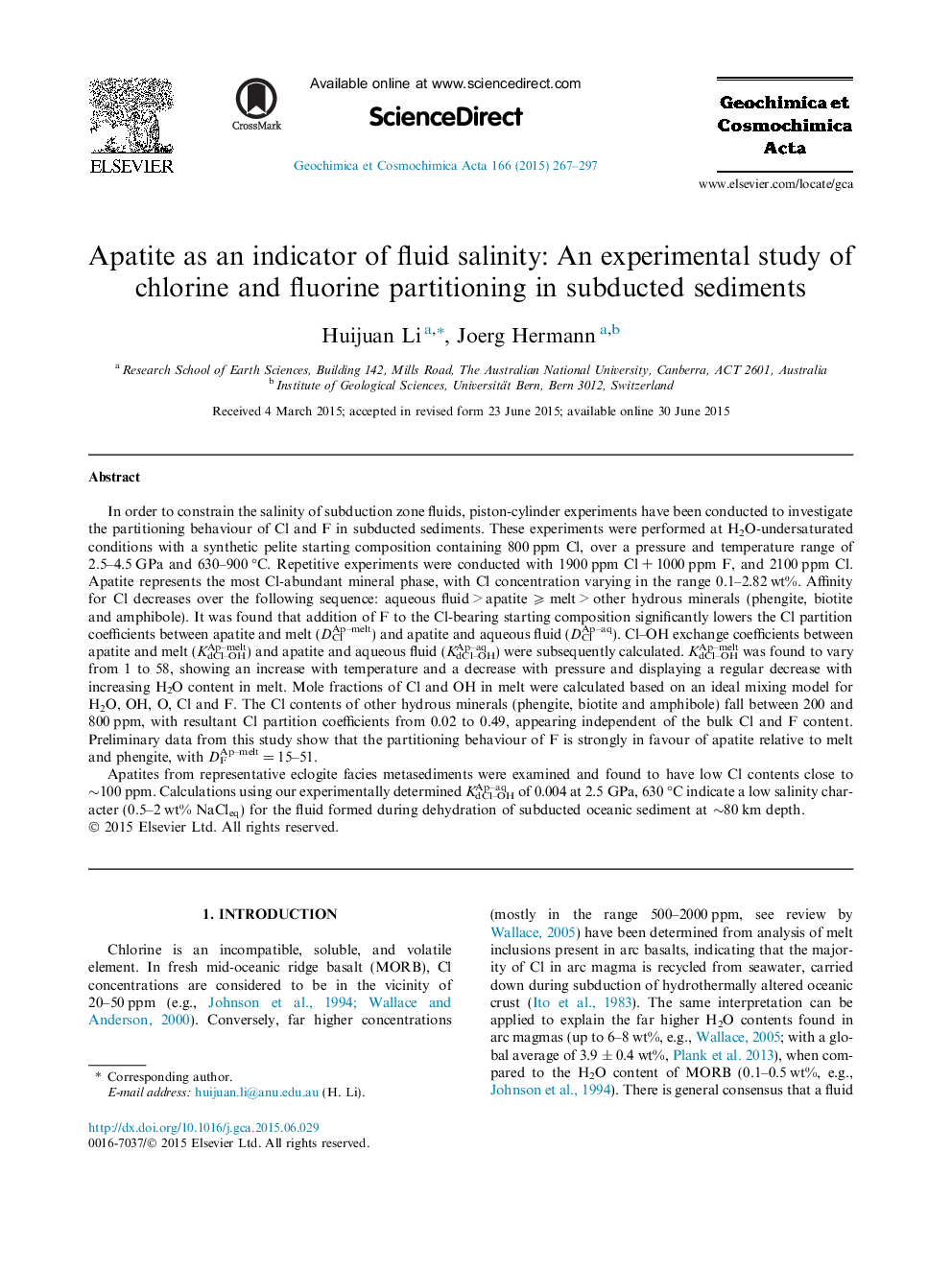 Apatite as an indicator of fluid salinity: An experimental study of chlorine and fluorine partitioning in subducted sediments