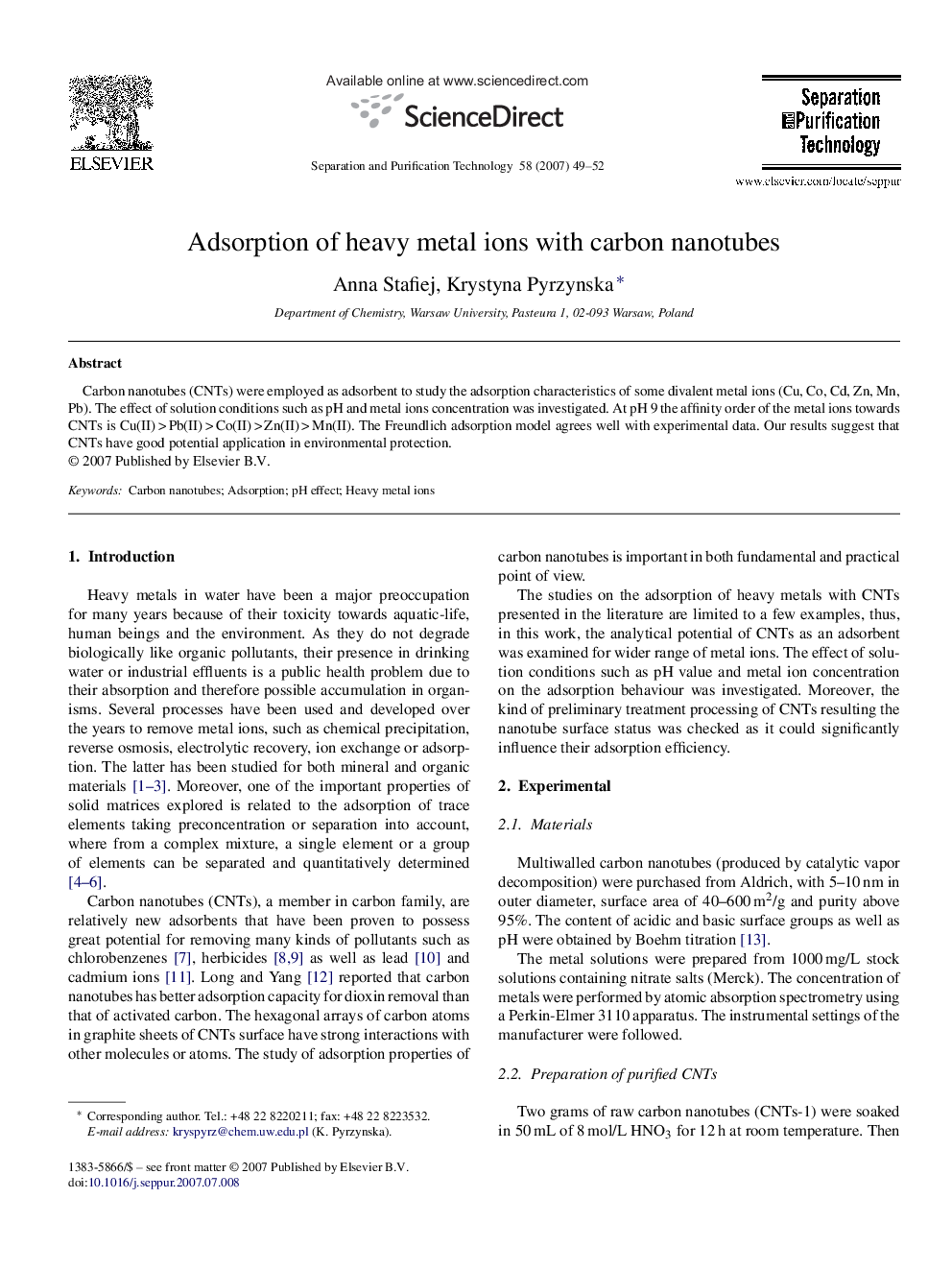 Adsorption of heavy metal ions with carbon nanotubes