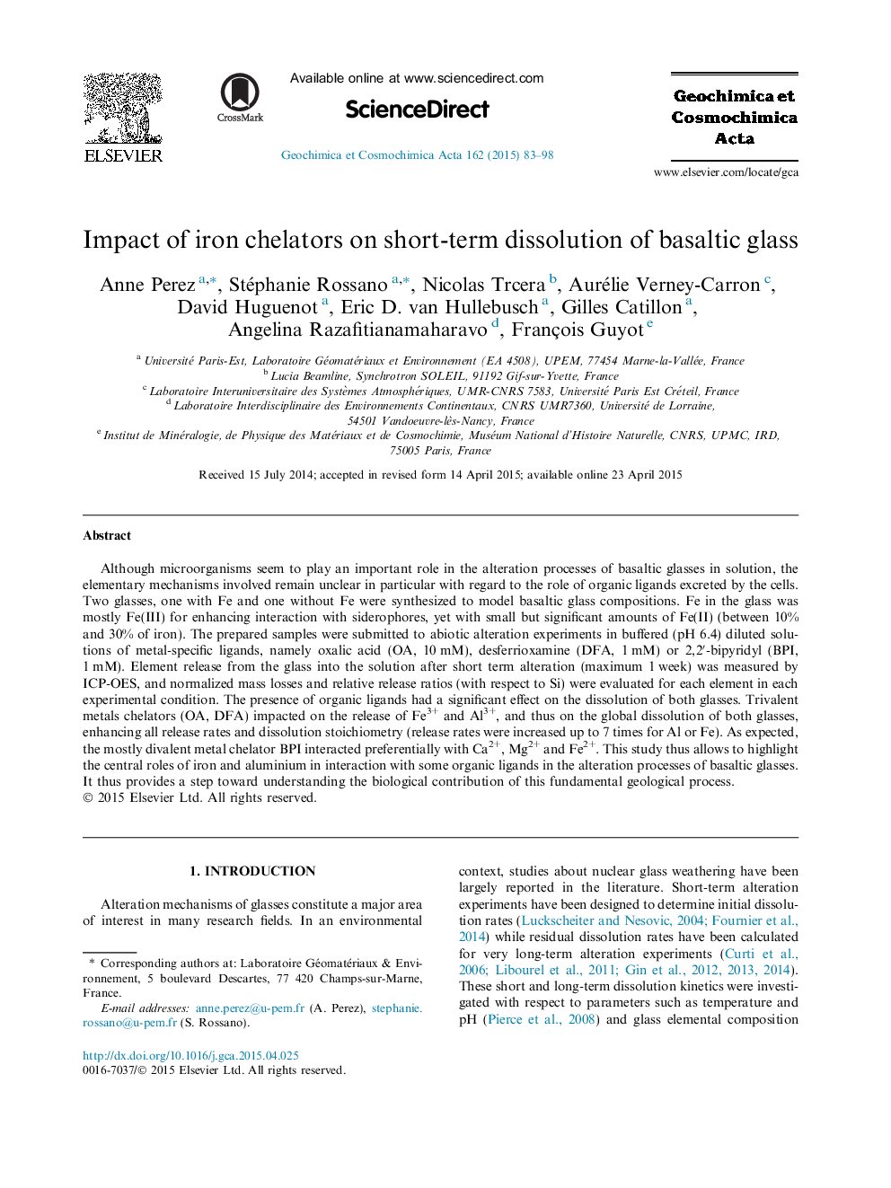 Impact of iron chelators on short-term dissolution of basaltic glass