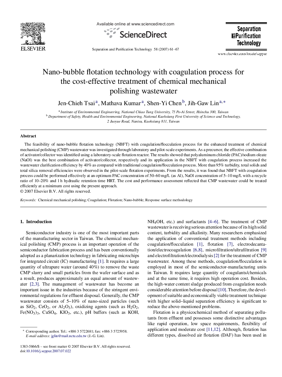 Nano-bubble flotation technology with coagulation process for the cost-effective treatment of chemical mechanical polishing wastewater