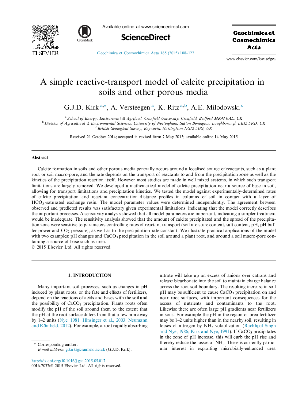 A simple reactive-transport model of calcite precipitation in soils and other porous media