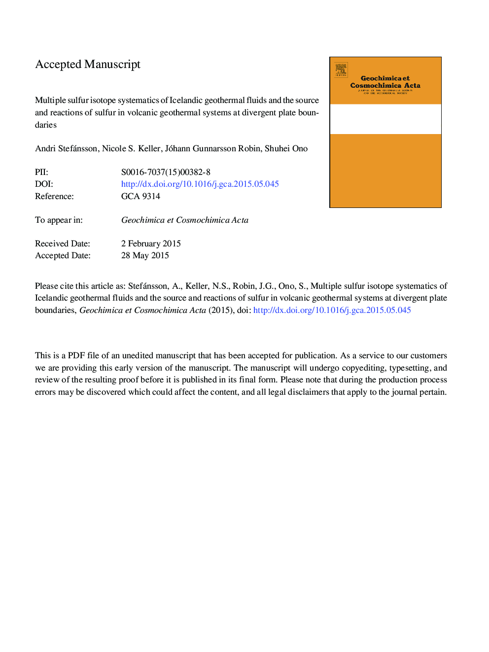 Multiple sulfur isotope systematics of Icelandic geothermal fluids and the source and reactions of sulfur in volcanic geothermal systems at divergent plate boundaries