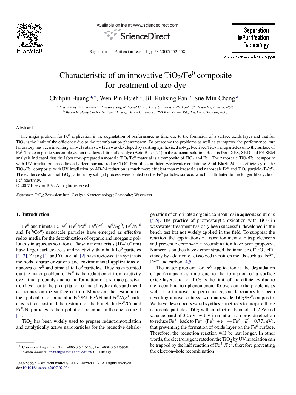 Characteristic of an innovative TiO2/Fe0 composite for treatment of azo dye