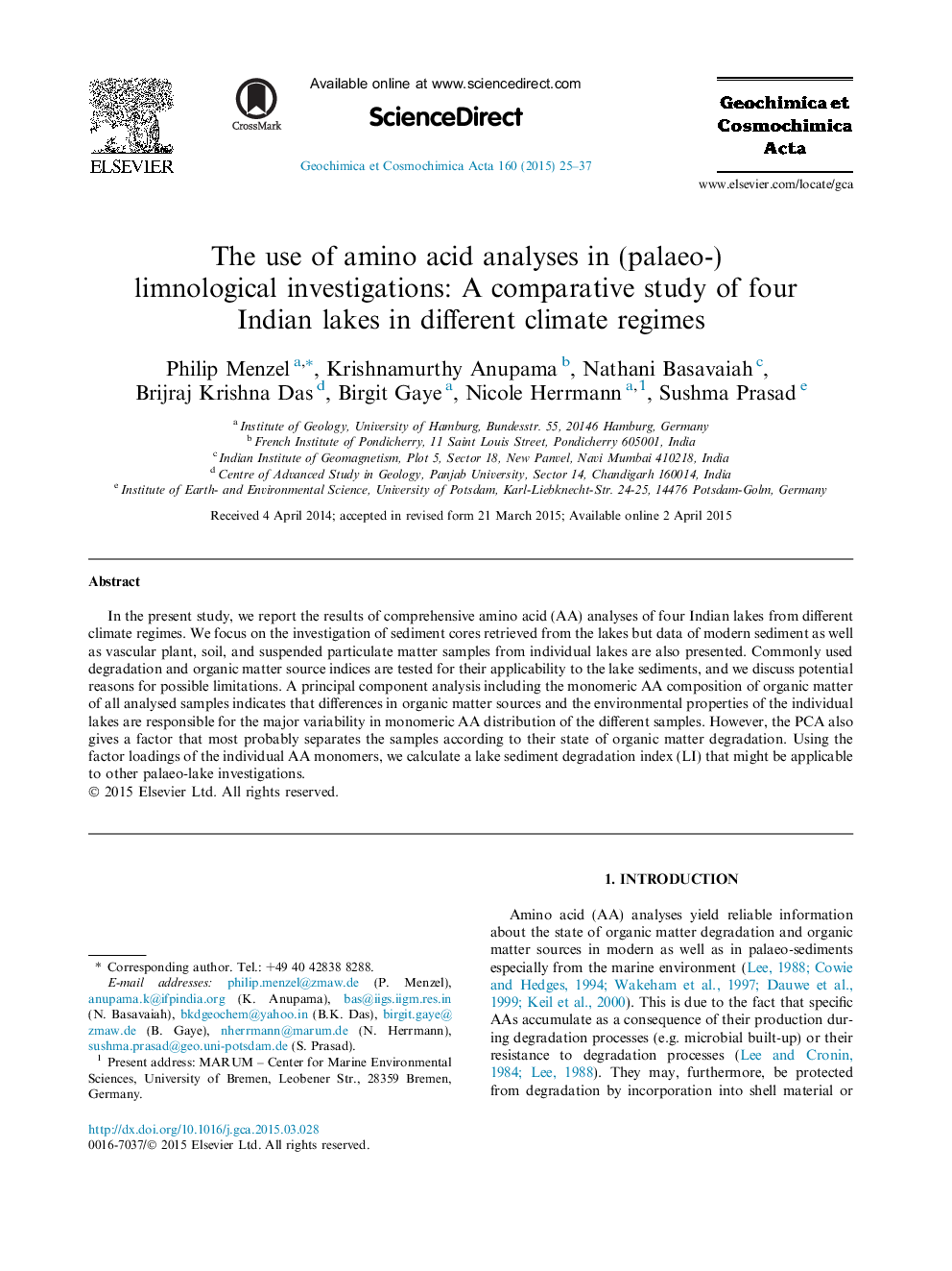 The use of amino acid analyses in (palaeo-) limnological investigations: A comparative study of four Indian lakes in different climate regimes