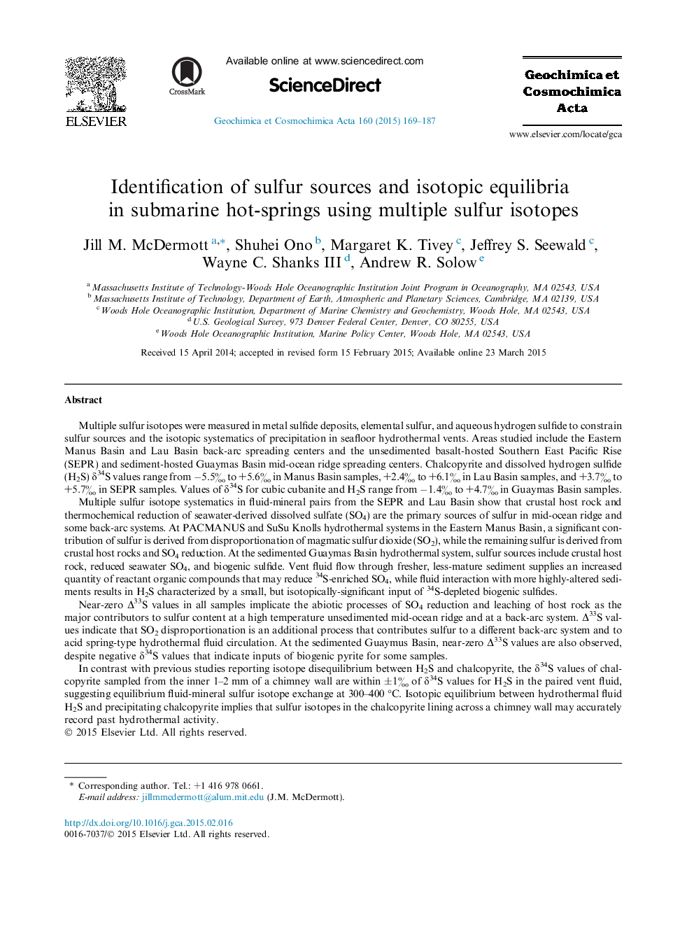 Identification of sulfur sources and isotopic equilibria in submarine hot-springs using multiple sulfur isotopes