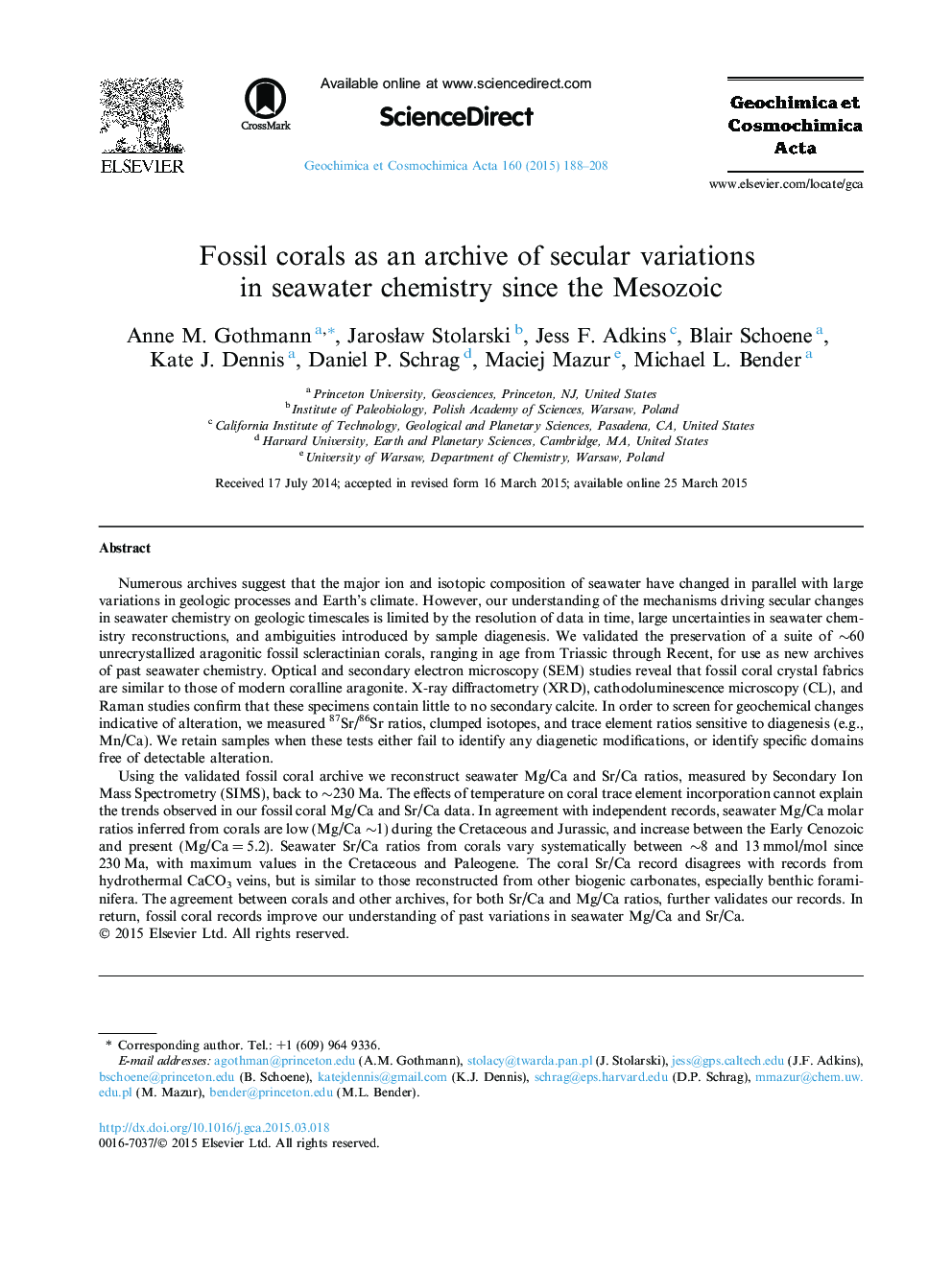 Fossil corals as an archive of secular variations in seawater chemistry since the Mesozoic