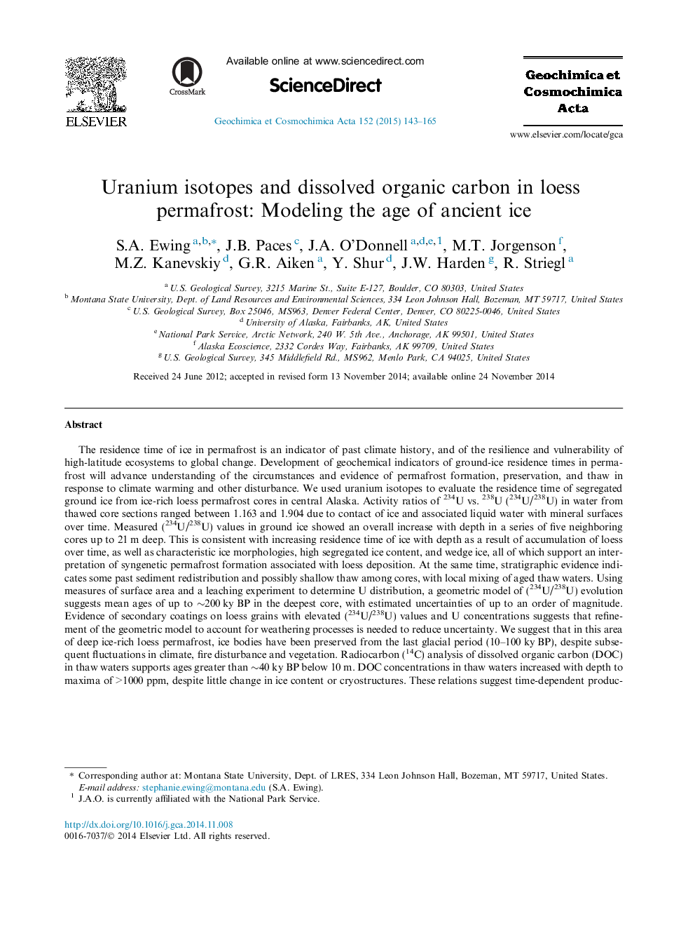 Uranium isotopes and dissolved organic carbon in loess permafrost: Modeling the age of ancient ice