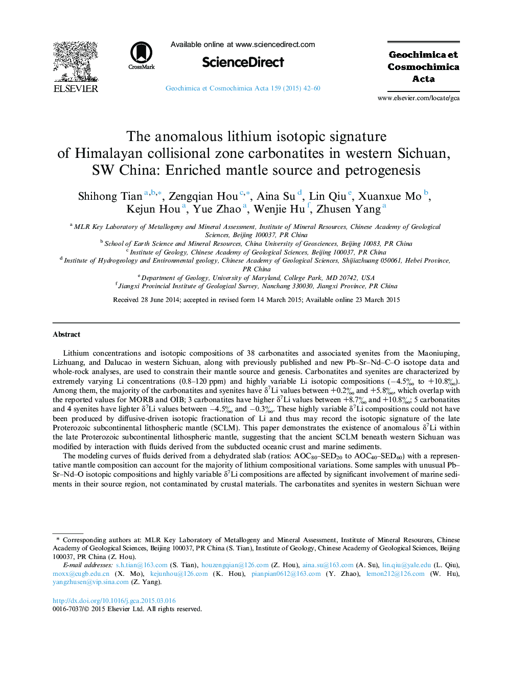 The anomalous lithium isotopic signature of Himalayan collisional zone carbonatites in western Sichuan, SW China: Enriched mantle source and petrogenesis