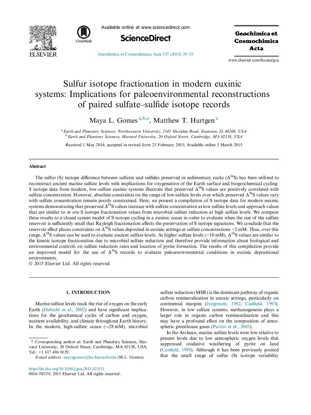 Sulfur isotope fractionation in modern euxinic systems: Implications for paleoenvironmental reconstructions of paired sulfate-sulfide isotope records